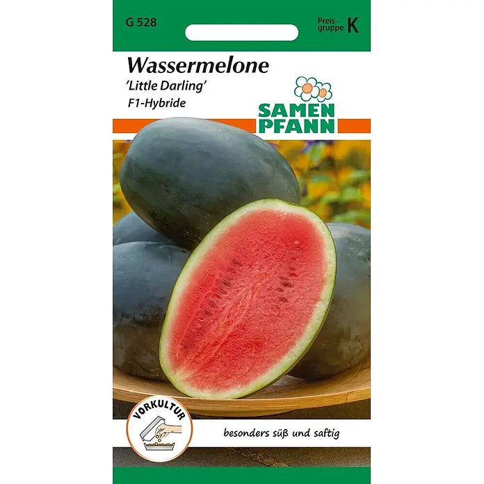 Samen Pfann Saatgut Wassermelone, Little Darling F1 - Citrullus lanatus, 1,6 g - Saatgutpackung für Wassermelone 'Little Darling' F1-Hybride. Zeigt eine aufgeschnittene, dunkelgrüne Wassermelone mit rotem Fruchtfleisch.