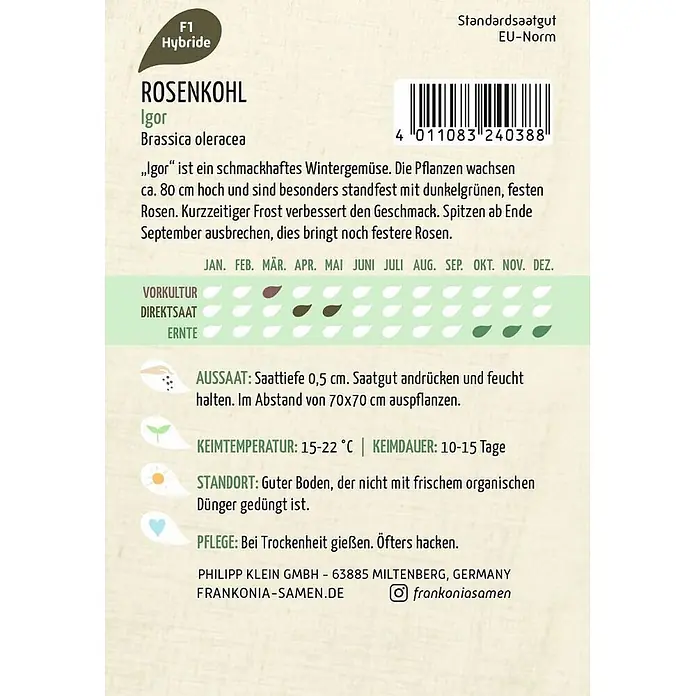 Frankonia Samen Saatgut Rosenkohl, Igor - Brassica oleracea, 1,44 g - Saatgutpäckchen für 'Rosenkohl Igor' mit Pflanzinformationen und Barcode.