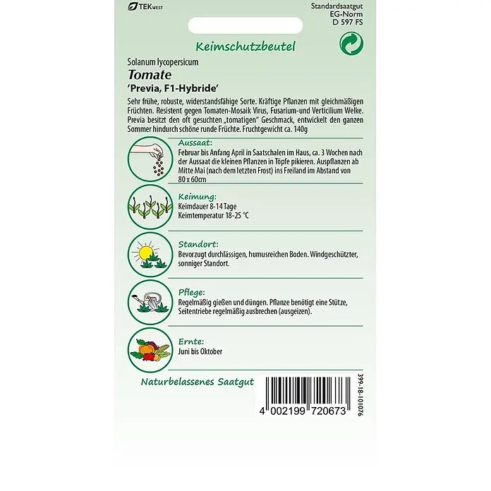 Samen Pfann Saatgut Tomate, Previa F1 - Solanum lycopersicum, 1,6 g - Samentüte für Tomatensamen der Sorte 'Previa, F1-Hybride' von TEKWEST, mit Anweisungen zu Aussaat, Keimung, Standort, Pflege und Ernte.