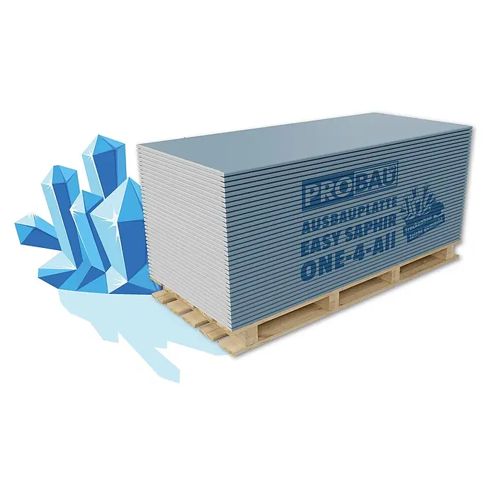 Probau Gipskartonplatte Easy Saphir ONE-4-ALL - 2.000 x 900 x 12,5 mm, Imprägniert - Stapel hellblauer Gipskartonplatten mit 'PROBAU EASY SAPHIR' Schriftzug auf einer Holzpalette.