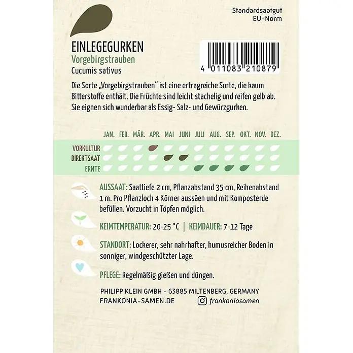 Frankonia Samen Saatgut Einlegegurke, Vorgebirgstrauben (Gurke) - Cucumis sativus, 1,63 g - Samentüte für Einlegegurken 'Vorgebirgstrauben' mit Text und Aussaat-Informationen.