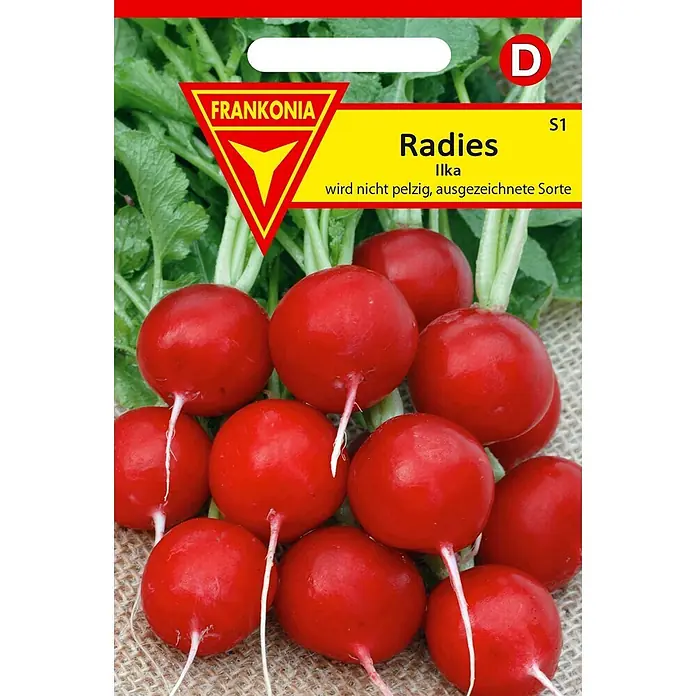 Frankonia Samen Saatgut Radies, Ilka - Raphanus sativus, 1,83 g - Rot-gelbe Samenpackung für Frankonia Radieschen 'Ilka' mit Bild von frischen roten Radieschen.