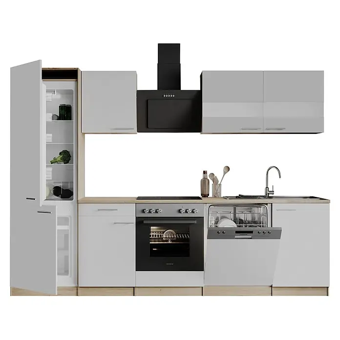 Respekta Küchenzeile Merle - Breite: 280 cm, Weiß, Mit Elektrogeräten - Moderne Einbauküche mit weißen Schränken, schwarzer Dunstabzugshaube, silbernen Geräten und heller Holzplatte.