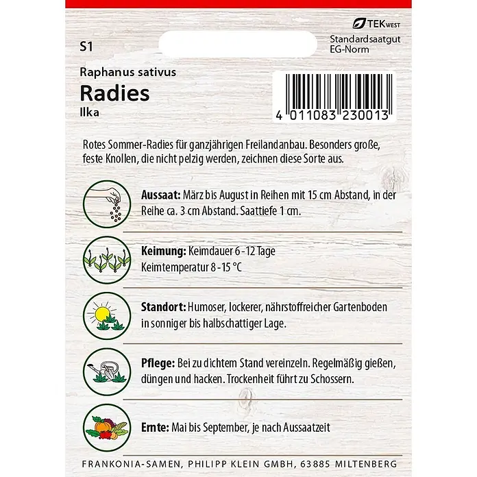 Frankonia Samen Saatgut Radies, Ilka - Raphanus sativus, 1,83 g - Rote und beige Samentüte für Radieschen Ilka, mit deutschen Pflanzanweisungen.