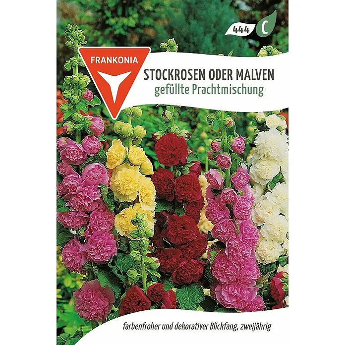 Frankonia Samen Saatgut Malve o. Stockrose, gefüllte Mischung - Alcea rosea, 1,47 g - Farbenfrohe, gefüllte Stockrosen-/Malvenmischung (Rosa, Gelb, Rot, Weiß), zweijährig.