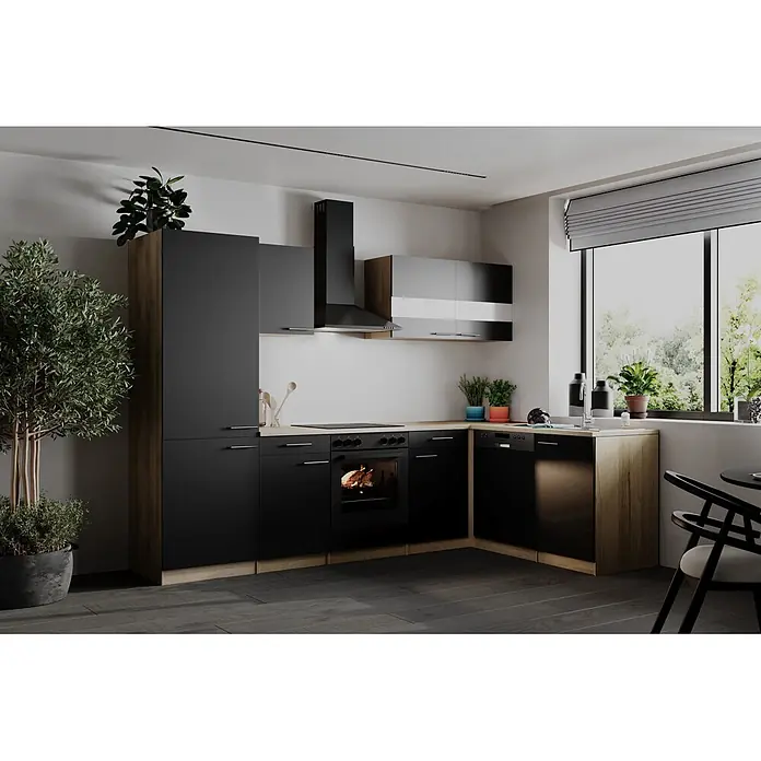 Respekta Winkelküche Merle - B x L: 280 x 172 cm, Schwarz, Mit Elektrogeräten - Moderne schwarz-holzfarbene Küche mit integriertem Backofen, Kochfeld, Dunstabzug und Geschirrspüler.