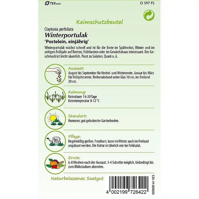 Samen Pfann Saatgut Winterportulak - Claytonia perfoliata, 1,6 g - Samenpäckchen für Winterportulak (Claytonia perfoliata) mit Anbauanleitung und Piktogrammen.