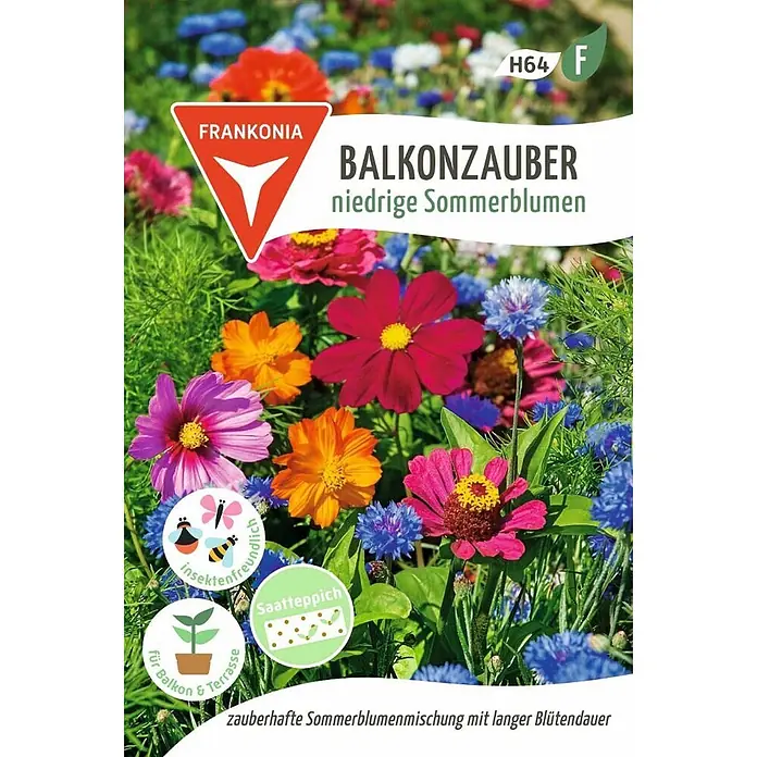Frankonia Samen Saatgut Balkonzauber, niedrige Sommerblumen Saatband - 2,07 g - Samenpäckchen 'Balkonzauber' Frankonia. Niedrige, bunte Sommerblumen als insektenfreundlicher Saatteppich für Balkon und Terrasse.