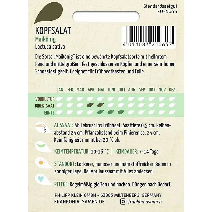 Frankonia Samen Saatgut Kopfsalat, Maikönig - Lactuca sativa, 1,48 g - Samentüte für Kopfsalat 'Maikönig' mit Pflanzanleitung und Barcode.