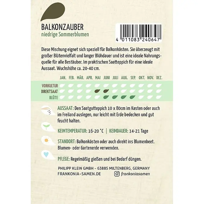 Frankonia Samen Saatgut Balkonzauber, niedrige Sommerblumen Saatband - 2,07 g - Samenpäckchen für „Balkonzauber“ niedrige Sommerblumen mit Pflanzinformationen, Barcode und Firmendetails auf grün-beigem Design.