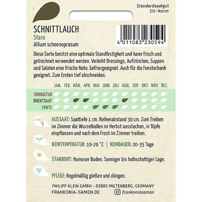 Frankonia Samen Saatgut Schnittlauch, Staro - Aium schoenoprasum, 1,47 g - Schnittlauch-Samentüte 'Staro' mit Pflanzanleitung und Produktinfos.