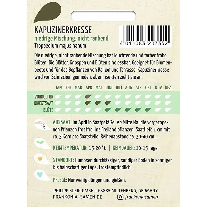 Frankonia Samen Saatgut Kapuzinerkresse, niedriege nichtrankende Mischung - Tropaolum majus nanum, 1,83 g - Samenpäckchen für 'Kapuzinerkresse' (niedrige Mischung, nicht rankend) mit Pflanzanleitung und Aussaatkalender.
