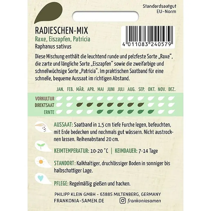 Frankonia Samen Saatgut Radies-Mix, Saatband - Raphanus sativus, 2,37 g - Radieschen-Mix Samenpäckchen mit Pflanzinformationen, Kalender und Barcode.