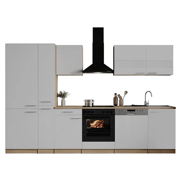 Respekta Küchenzeile Merle - Breite: 310 cm, Weiß, Mit Elektrogeräten - Moderne hellgraue Küchenzeile mit schwarzem Kochfeld, Backofen und Dunstabzugshaube, mit Holzplatte und Edelstahlspüle.