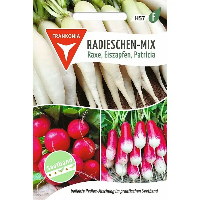 Frankonia Samen Saatgut Radies-Mix, Saatband - Raphanus sativus, 2,37 g - Saatgutpackung für Radieschen-Mix mit Bildern von weißen, roten und rot-weißen Radieschen. Enthält Saatband zur einfachen Aussaat.