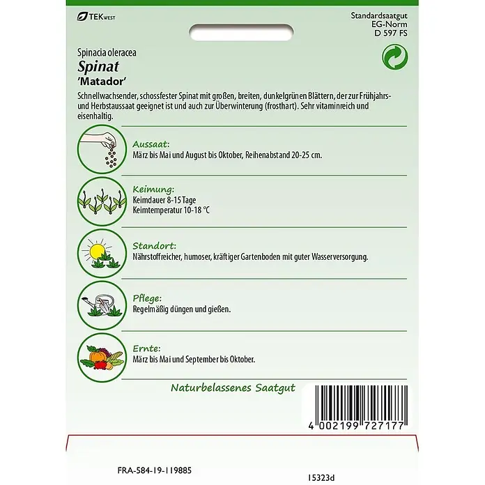 Samen Pfann Saatgut Spinat, Matador - Spinacia oleracea, 6,7 g - Spinat 'Matador' Saatgutpackung mit Anbauinformationen.