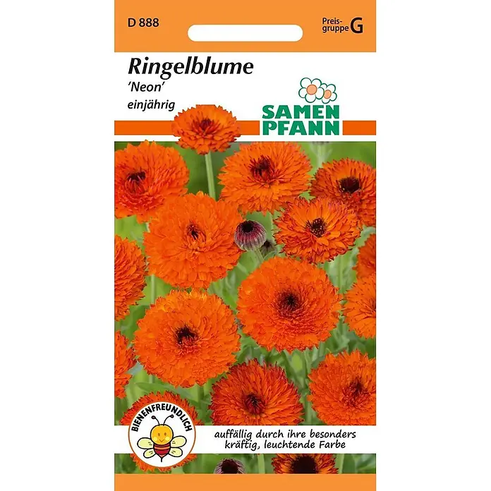 Samen Pfann Saatgut Ringelblume, Neon - Calendula officinalis, 1,6 g - Samentüte für Ringelblume 'Neon' mit leuchtend orangen, gefüllten Blüten und bienenfreundlichem Logo.