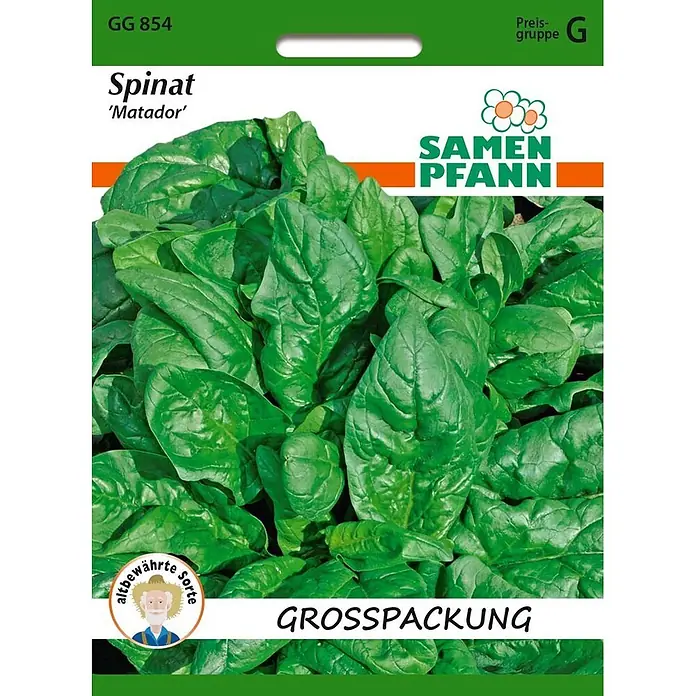 Samen Pfann Saatgut Spinat, Matador - Spinacia oleracea, 6,7 g - Grün-weiße Samentüte für Samen Pfann Spinat 'Matador' mit Abbildung frischer grüner Spinatblätter.