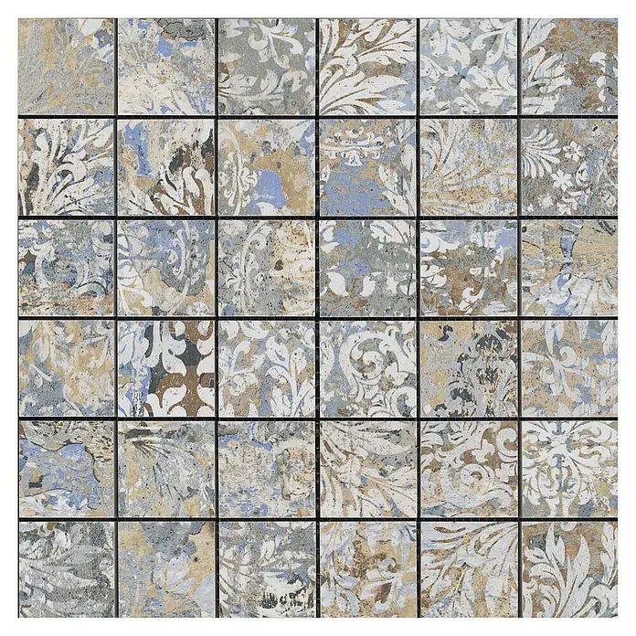Mosaikfliese Carpet Natural - 29,75 x 29,75 cm, Verstige, Matt - Abgenutzte Fliesen im Vintage-Look mit blauen, braunen und grauen Blumenmustern.