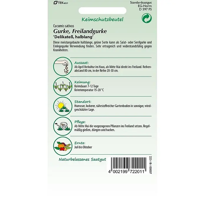 Samen Pfann Saatgut Einlegegurke, Delikateß - Cucumis sativus - Saatgutpackung für Freilandgurke 'Delikateß, halblang' mit Anbauanweisungen.