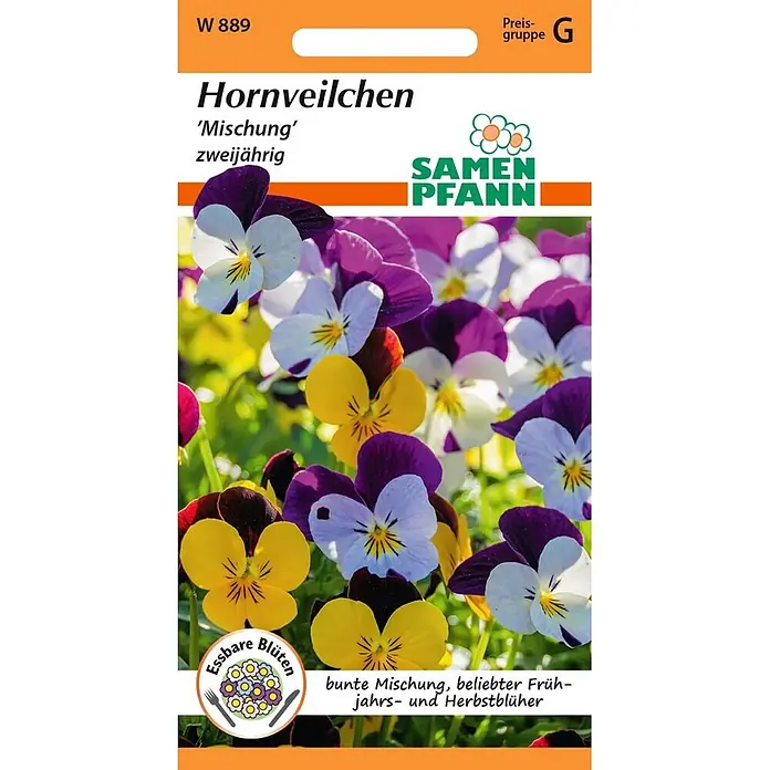 Samen Pfann Saatgut Hornveilchen, Mischung - Viola cornuta, 1,6 g - Hornveilchen 'Mischung' Samenpaket von Samen Pfann mit bunten, essbaren Blüten. Zweijähriger Früh- und Herbstblüher.