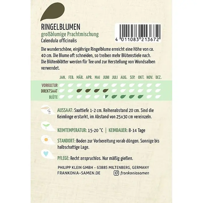 Frankonia Samen Saatgut Ringelblume, großblumige Prachtmischung - Calendula officinalis, 1,58 g - Ringelblumen-Samentüte mit detaillierten Pflanz- und Pflegeanleitungen.