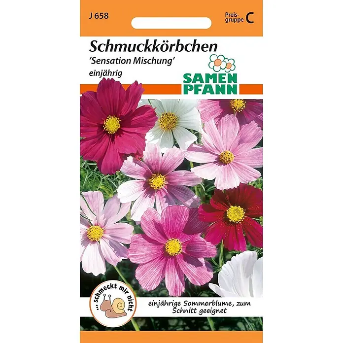 Samen Pfann Saatgut Schmuckkörbchen, Cosmea Mischung - Cosmos bipinnatus, 1,6 g - Samen Pfann Samenpackung für Schmuckkörbchen 'Sensation Mischung' in Rosa, Weiß und Rot. Eine einjährige Schnittblume, schneckenresistent.