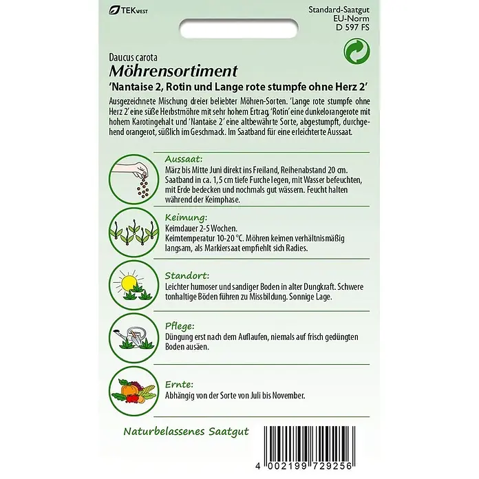 Samen Pfann Saatgut Möhrensortiment, Saatband - Daucus carota, 2,5 g - Saatgutpackung Möhrensortiment mit Text, Piktogrammen für Anbau und Ernte sowie Barcode.