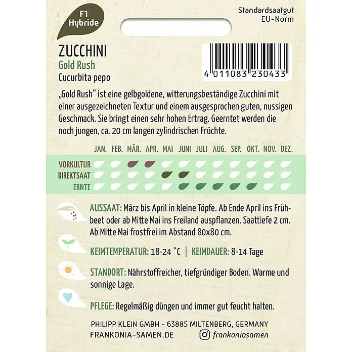 Frankonia Samen Saatgut Zucchini, Gold Rush F1 - Cucurbita pepo, 1,55 g - Samentüte für ‚Gold Rush‘ F1 Hybrid Zucchini, weiß mit grünem und braunem Text, inklusive Pflanzinformationen.