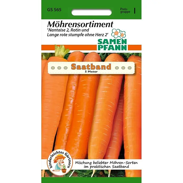 Samen Pfann Saatgut Möhrensortiment, Saatband - Daucus carota, 2,5 g - Möhrensamen-Sortiment als 5 Meter Saatband mit den Sorten Nantaise 2, Rotin und Lange rote stumpfe ohne Herz 2.