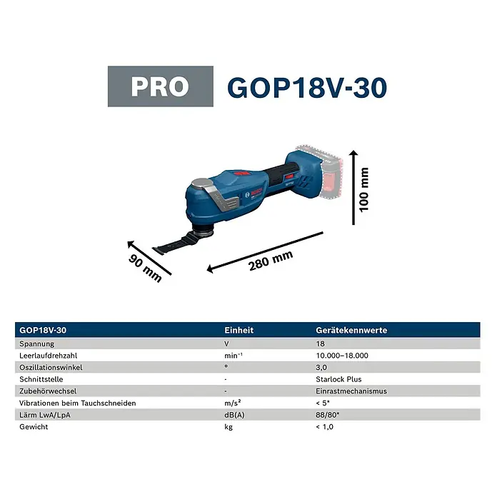 Bosch Professional AMPShare 18V Akku-Multitool GOP 18V-30 SOLO K - Ohne Akku, 18 V - Blau-schwarzes, akkubetriebenes Bosch GOP18V-30 Multifunktionswerkzeug mit Klinge, 280 mm lang, 100 mm hoch, 90 mm Klingenvorsprung.