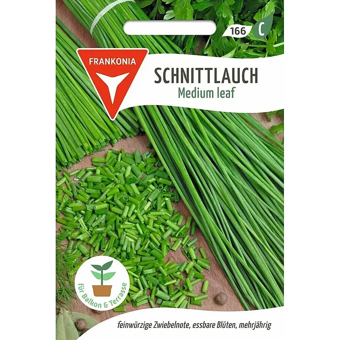 Frankonia Samen Saatgut Schnittlauch, Medium leaf - Allium schoenoprasum, 1,48 g - Schnittlauch-Samentüte für mittlere Blattgröße, zeigt frischen und gehackten Schnittlauch.