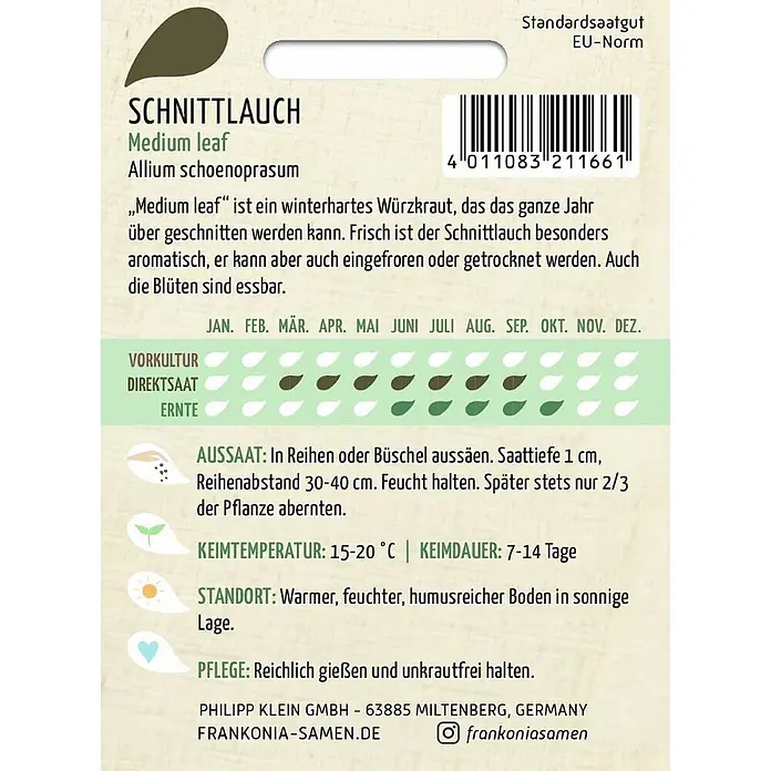 Frankonia Samen Saatgut Schnittlauch, Medium leaf - Allium schoenoprasum, 1,48 g - Schnittlauch-Samentüte mit Produktinformationen, Barcode und Anbauanleitung.