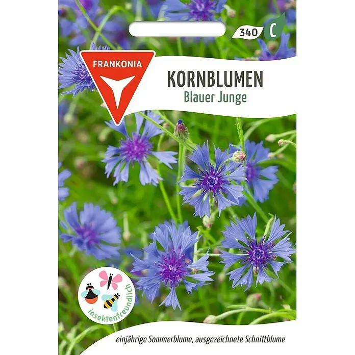 Frankonia Samen Saatgut Kornblume, Blauer Junge - centaurea cyamis, 1,48 g - Frankonia Samentüte für 'Blauer Junge' Kornblumen, mit insektenfreundlichem Logo.
