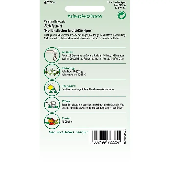 Samen Pfann Saatgut Feldsalat, Holländischer Breitblättriger -  - Saatguttüte für 'Holländischer breitblättriger' Feldsalat mit Anbauanleitung und Barcode.