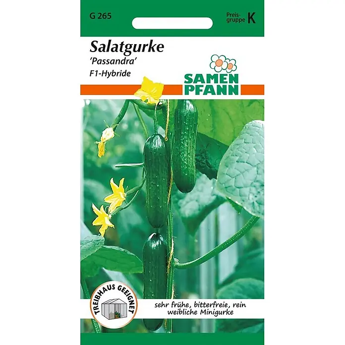 Samen Pfann Saatgut Salatgurke, Minigurke, Passandra - Cucumis sativus, 1,6 g - Grün-weiße Samentüte für Salatgurke 'Passandra' F1-Hybride mit Minigurken-Bild und Produktbeschreibung.