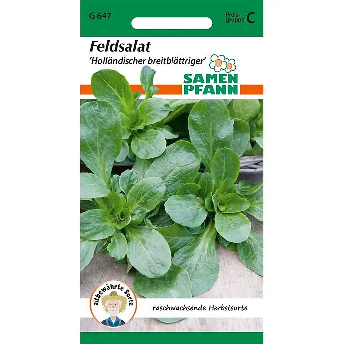 Samen Pfann Saatgut Feldsalat, Holländischer Breitblättriger -  - Saatgutpackung für 'Holländischer breitblättriger' Feldsalat, zeigt üppige grüne Pflanzen, Marke 'Samen Pfann' und Sortendetails.
