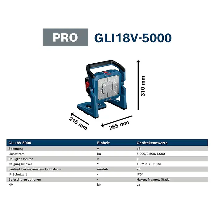 Bosch Professional AMPShare 18V LED-Akkustrahler GLI 18V-5000 C - 18 V, Ohne Akku, Lichtstrom: 5.000 lm - Blaue Bosch GLI18V-5000 Arbeitsleuchte mit robustem, verstellbarem Standfuß, Maßen und Spezifikationen.