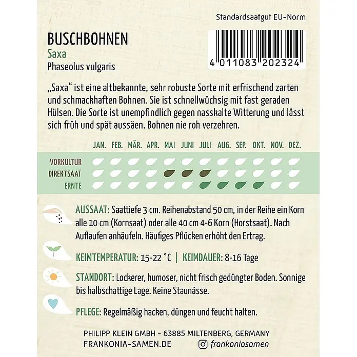 Frankonia Samen Saatgut Buschbohne, Saxa - Phaseolus vulgaris, 5,67 g - Samenpackung für Buschbohnen 'Saxa' mit deutscher Beschriftung und Barcode.