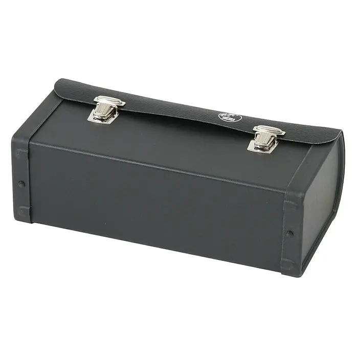 Hepco & Becker Werkzeugtasche Favorit 7220 - Innenmaß: B x T x H: 355 x 115 x 175 mm, Leder - Eine schwarze, rechteckige Ledertasche mit silbernen Verschlüssen vor einem schwarzen Hintergrund.