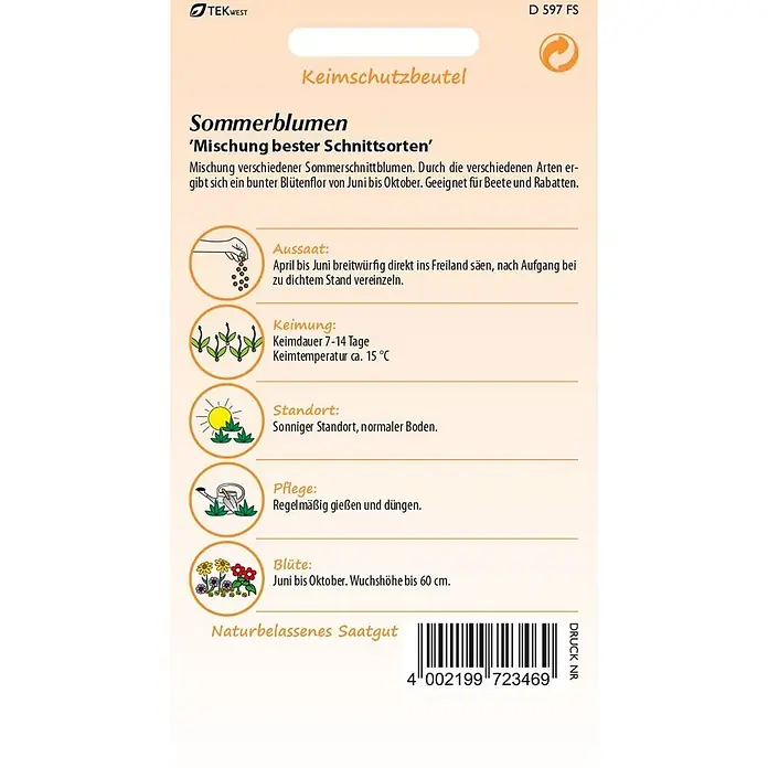 Samen Pfann Saatgut Sommerblumenmischung - 1,6 g - Samenpäckchen für Sommerblumen 'Mischung bester Schnittsorten' mit Pflanzanleitung und Barcode.
