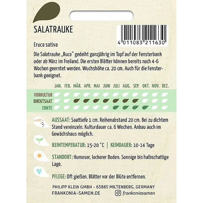 Frankonia Samen Saatgut Salatrauke, Rucola - Eruca sativa, 1,73 g - Samenpäckchen für Salatrauke (Rucola) mit detaillierten Anbauanweisungen, Pflanzzeiten und Barcode.