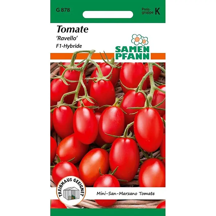 Samen Pfann Saatgut Tomate San Marzano, Ravello F1 - Solanum lycopersicum, 1,6 g - Samenpackung für 'Ravello' F1-Hybrid Mini-San Marzano Tomaten, mit einem lebhaften Bild reifer roter ovaler Tomaten am Strauch.