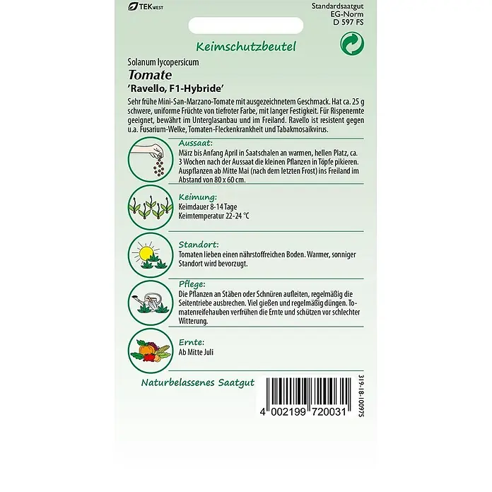 Samen Pfann Saatgut Tomate San Marzano, Ravello F1 - Solanum lycopersicum, 1,6 g - Samenschutzbeutel für 'Ravello, F1-Hybride' Tomatensamen mit Pflanzanleitung und Barcode.