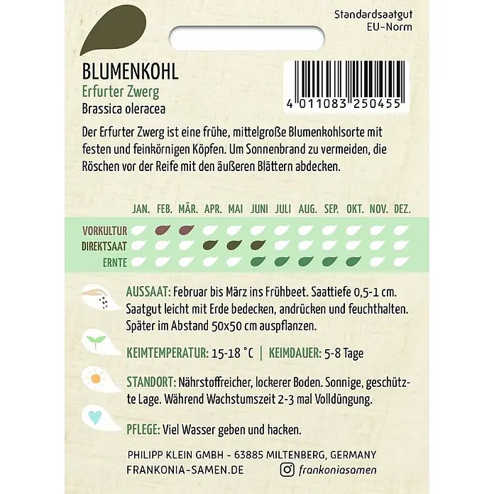 Frankonia Samen Saatgut Blumenkohl, Erfurter Zwerg - Brassica oleracea, 1,53 g - Weiße Samentüte für Blumenkohl 'Erfurter Zwerg' (Brassica oleracea) mit Anbauanleitung und Barcode.