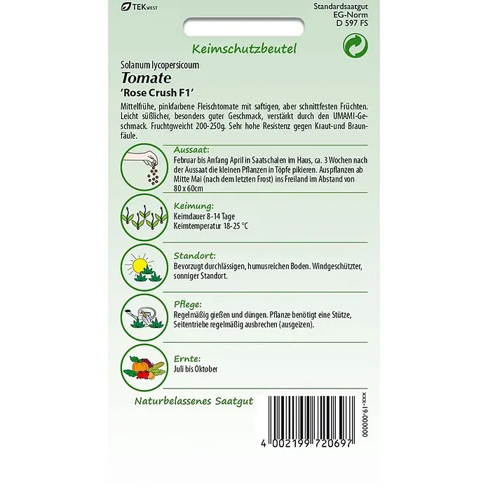 Samen Pfann Saatgut Tomate, Rose Crush F1 - Solanum lycopersicum, var. Rose Crush F1, 1,6 g - Grün-weiße Samentüte für 'Rose Crush F1' Tomaten mit Anbauanleitung, Keimung, Standort, Pflege und Ernte.