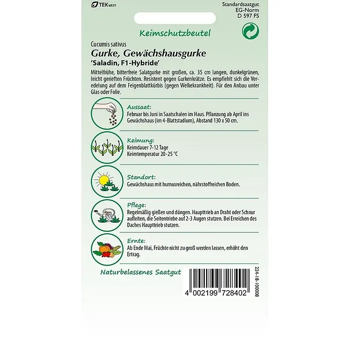 Samen Pfann Saatgut Salatgurke, Saladin F1 - Cucumis sativus, var. Saladin F1, 1,6 g - Samenpackung für Gewächshausgurke 'Saladin, F1-Hybride' mit Anbauanweisungen.