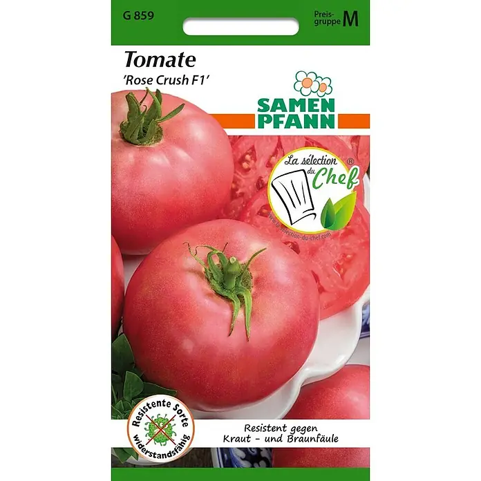 Samen Pfann Saatgut Tomate, Rose Crush F1 - Solanum lycopersicum, var. Rose Crush F1, 1,6 g - Samenpackung für 'Rose Crush F1' Tomaten von SAMEN PFANN, mit großen rosa Tomaten und Hinweis auf Kraut- und Braunfäuleresistenz.