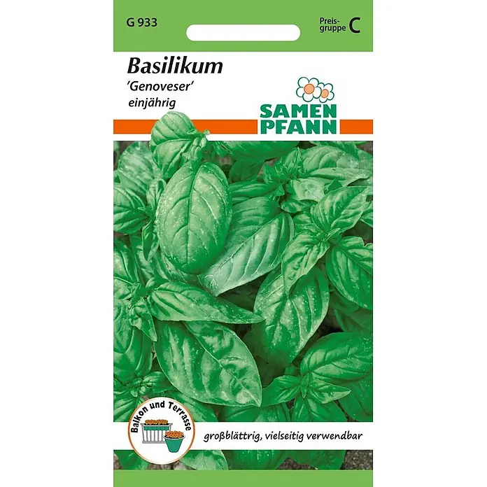 Samen Pfann Saatgut Basilikum, Genoveser - Ocimum basilicum, 1,6 g - Samenpackung für Genoveser Basilikum mit frischen grünen Blättern und 'SAMEN PFANN' Logo.