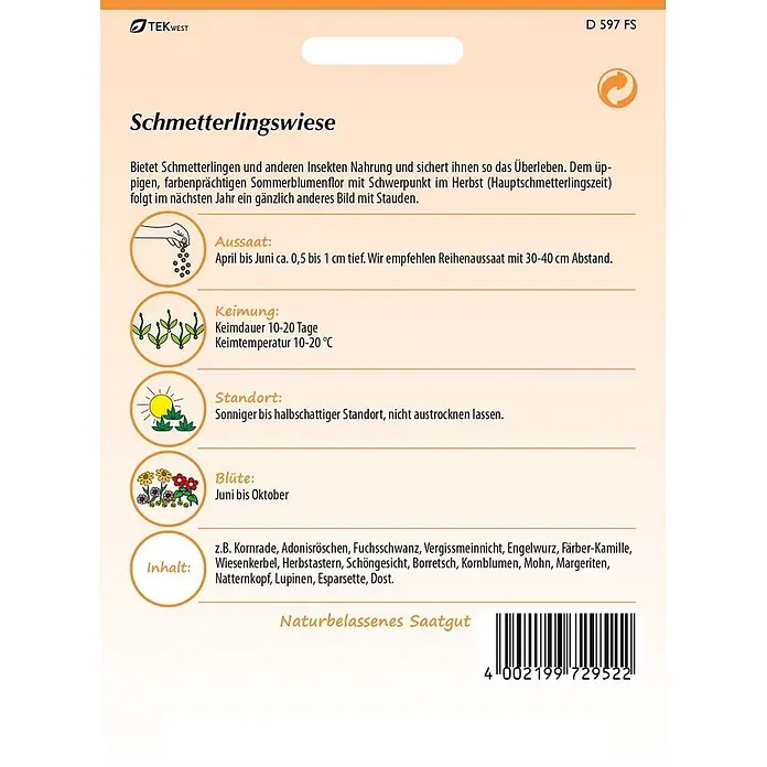Samen Pfann Saatgut Schmetterlingswiese -  - Samenpäckchen für Schmetterlingswiese in Beige mit Pflanzanweisungen.